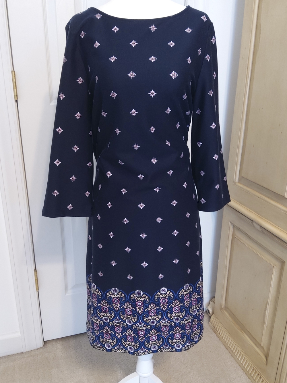 Talbots Navy Midi Dress with Pink and Cream Pattern